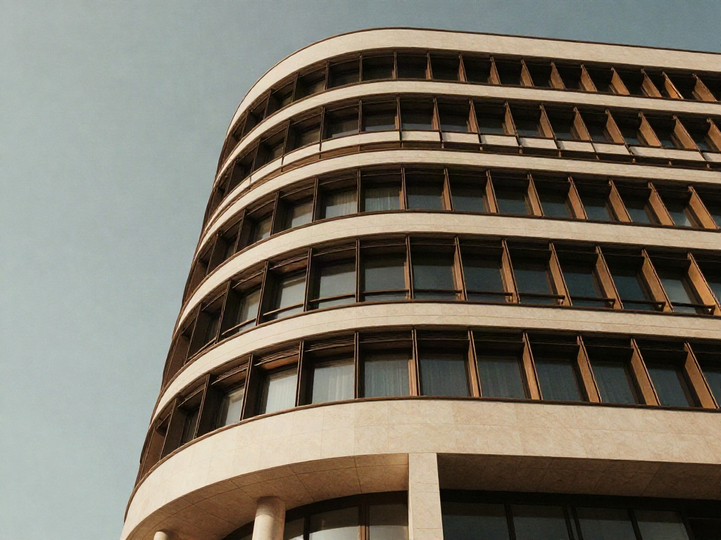 Upward perspective of a curved corporate building with warm stone and bronze windows