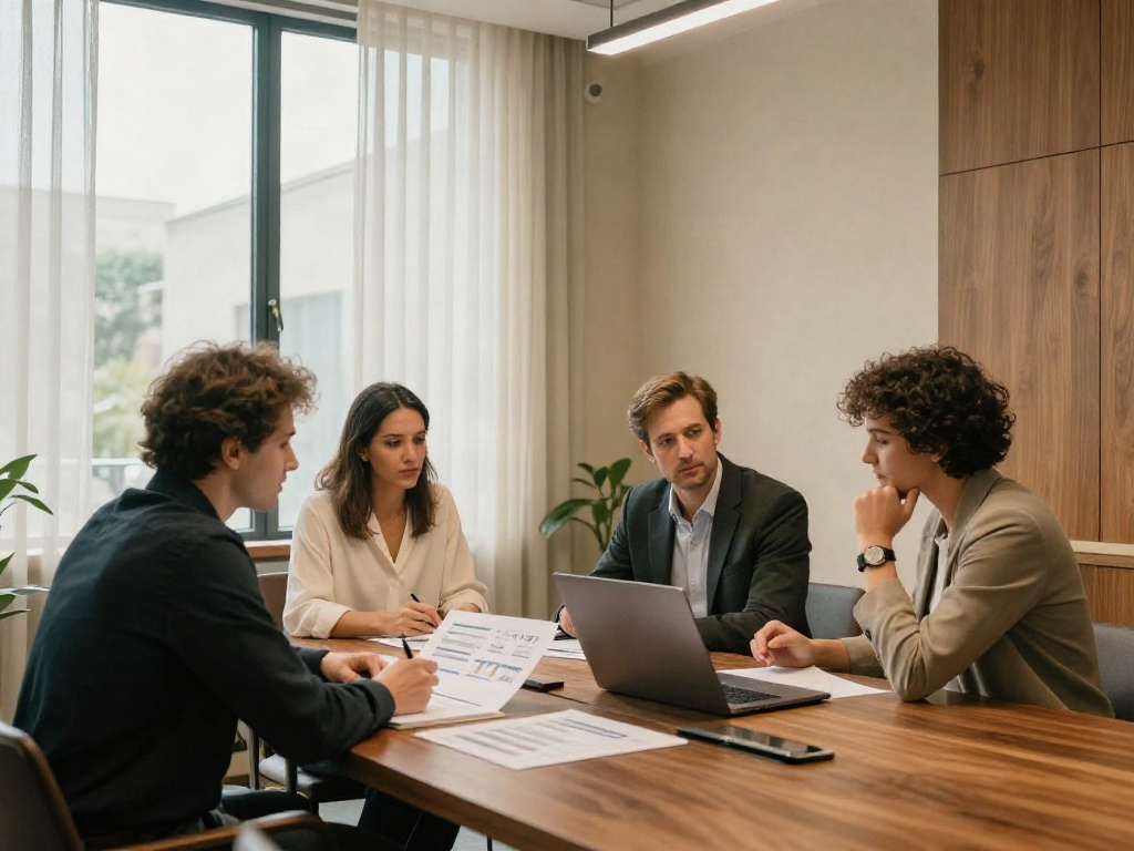 Consulting team discussing performance charts during a collaborative business review
